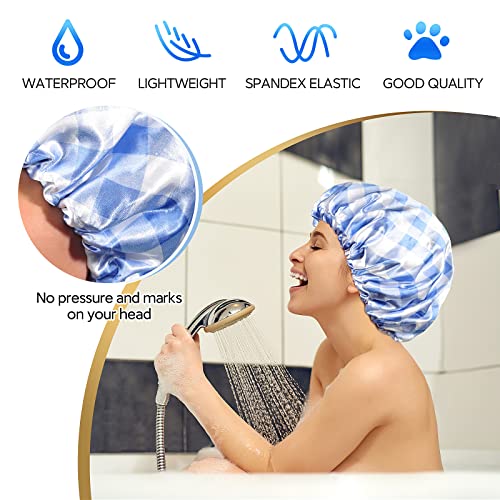 Shower Cap for Women Reusable Waterproof, Double Waterproof Layers Large Shower Cap, Plastic Shower Caps with PEVA Lining Bathing Cap Adjustable Elastic Band Hair Cap for Shower - color: Blue Plaids, size: X-Large
