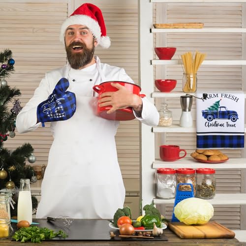 Leinuosen 6 Pieces Christmas Kitchen Set Dish Hand Towels Pot Holders and Oven Mitts Set Tea Towels Non Slip Heat Resistant Oven Gloves for Xmas Kitchen Cooking Baking Grilling(Xmas Tree)