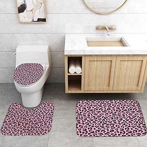 4PCS Pink Leopard Print Shower Curtain Set with Rugs, Toilet Lid Cover and Bath Mat, Shower Curtain with 12 Hooks, Durable Shower Curtain for Bathroom Set - color: Pink Leopard