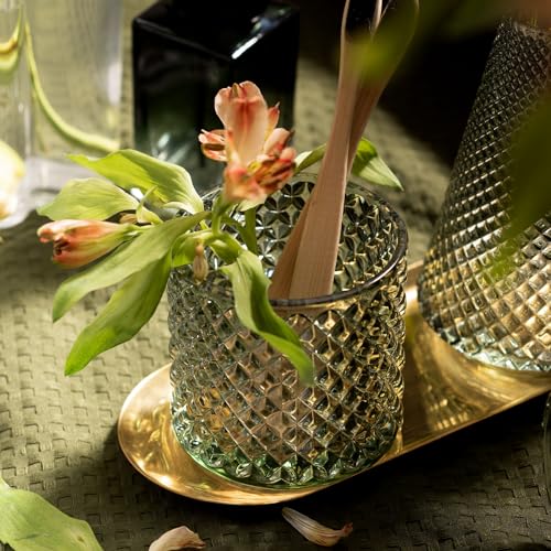 EMPO 5Pcs Diamond Glass Bathroom Accessories Complete Set, Triangle Vintage Lotion Dispenser, Soap Dish, Toothbrush Holder, Tumbler, Cotton Swab Jars, Modern Decor, Housewarming Gift Set (Oliva Green) - style: Diamond Oliva Green Set