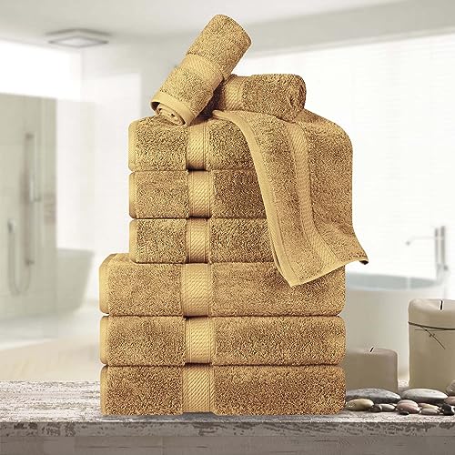 BLUENILEMILLS BNM Madeline Egyptian Cotton Heavyweight Towels, Ideal for Shower, Spa, Hotel, 800 GSM, Face/Washcloths, Hand Towels, Bath Towels, Highly-Absorbent, Luxury, 9 Piece Towel Set, Toast - color: Toast, size: 9-Piece Towel Set