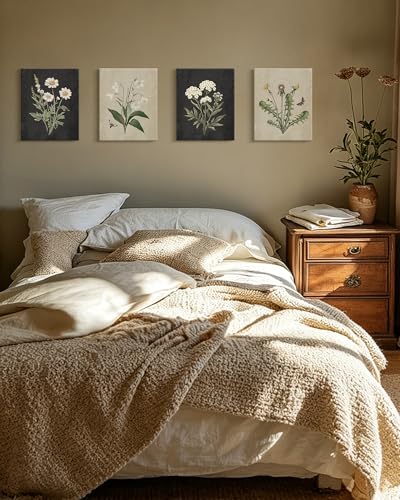 KUVIOKE Vintage Botanical Boho Framed Wall Art Set of 4 Piece Antique Flower Prints Farmhouse Retro Plants Rustic Artwork Bathroom Kitchen Home Decor Ready to Hang 8x10inx4pcs (Framed) - color: Vintage Botanical - Standard, size: 8 x 10in x 4 Panels