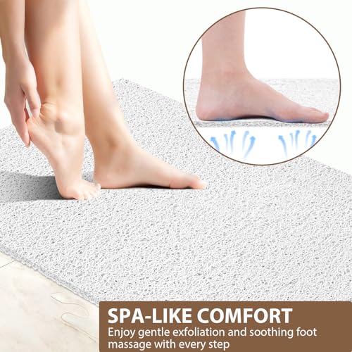 Shower Mat Non Slip: 59 x 34.5 Inch Extra Large Shower Mats for Inside Shower with Drain Hole - Soft PVC Loofah Anti Slip Shower Stall Mat for Walk-in Shower and Bathroom, Quick Drying - color: White, size: 59" x 35.4" (Rectangular)