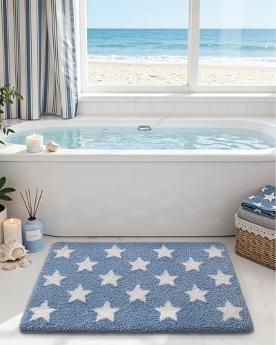DEXI Star Bathroom Rug, 36x24 Non Slip Washable Bath Mat Absorbent, Ultra Soft Plush Microfiber Bathmat Quick Dry for Shower Floor, Tub, Sink, Light Blue - color: Light Blue, size: 36" X 24" (Rectangular)