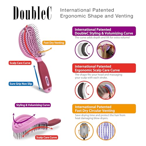 NuWay® DoubleC® Detangling Hair Brush – The Original Home Scalp-Care Brush – Patented Double Curved Scalp Care Hairbrush for Gentle Detangling, Volume Styling & Wet or Dry Hair (Petal Pink) - color: Petal Pink