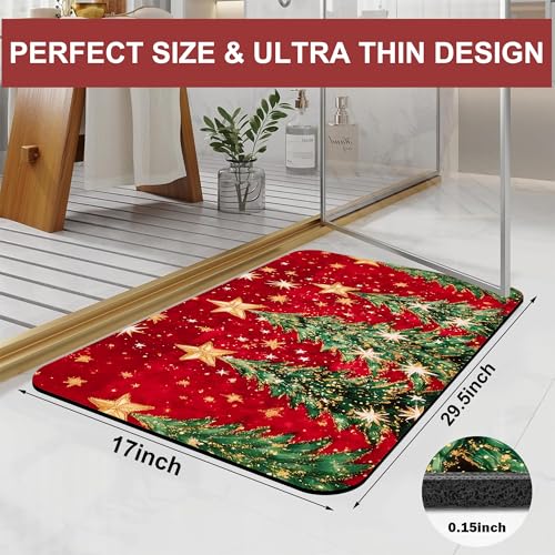Identiy Christmas Bath Mat, Red Christmas Tree and Stars Bathroom Rug, Soft Super Absorbent Machine Washable Quick Dry and Non-Slip Bathtub Mat for Tub Shower Bathroom Floor 17"x29.5" - color: Red Christmas Tree and Stars
