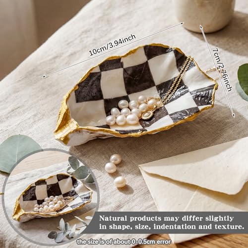 Natural Oyster Ring Trinket Dish Vintage Jewelry Tray for Keys Small Jewelry Holder for Bridal Shower Favors Friends Sisters Daughter Mother Gift Seaside Decor(Checkered) - style: Checkered