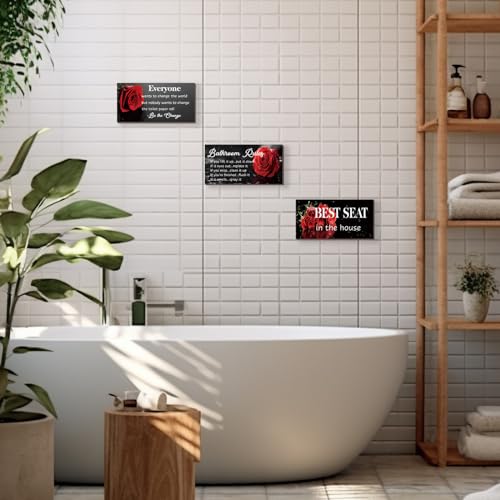 DONFENTHY 3 Pcs Red Bathroom Rules Decor Rustic Farmhouse Wooden Best Seat in The House Rose Hanging Wall Art Toilet Bathroom Accessories(Red 10x5") - color: Red
