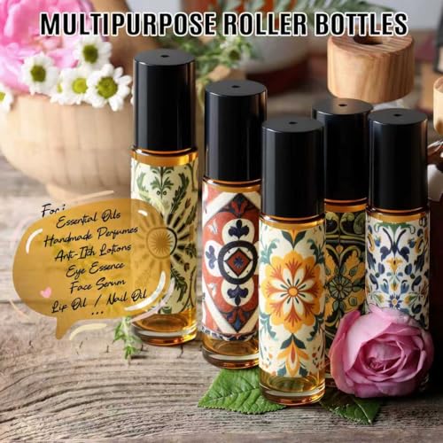 Glass Roller Bottles for Essential Oils 12 Pack Roll On Bottles 10ml Amber | Empty Rollerball Bottle Thick Glass with Oil Perfume Lip Gloss DIY Kits Boho Stickers, Leak-Proof Refillable for Travel Gift - color: Amber, size: 12 Pack