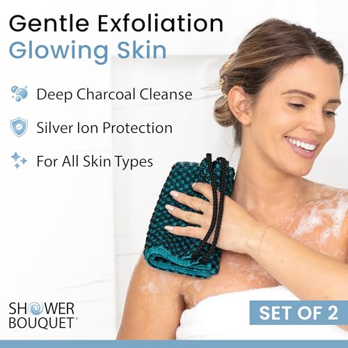 Japanese Exfoliating Washcloth for Back & Body 2-Pack - Charcoal & Silver Ion Exfoliating Towel with Handles - Two-Sided Gentle Exfoliation & Deep Cleanse Body Wash Cloths for Shower - 1 Blue, 1 Green - color: Charcoal Blue + Charcoal Green, size: 1 Count