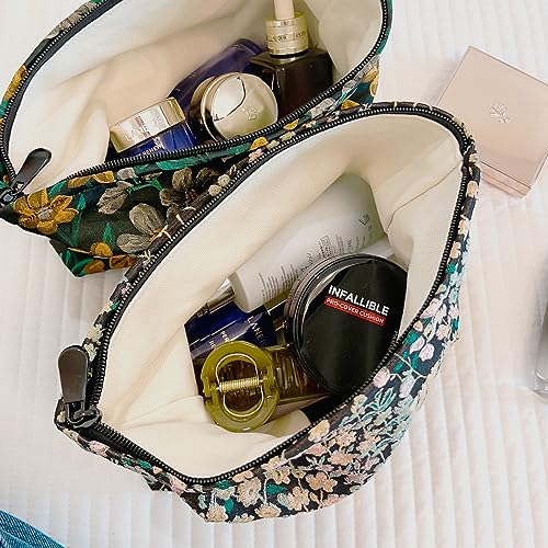 HAPPYHEIDI Women Aesthetic Makeup Bag With Compartment Accessory Zipper Pouch for Cosmetics Travel, Purse Organizer, Embroidery Lucky Flowers Black - color: 001 Black Teabreak Little Flowers Embroidery
