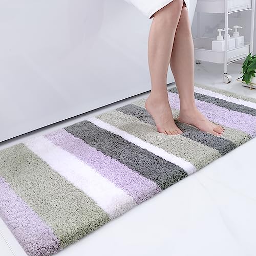 Buganda Microfiber Striped Bathroom Rugs Bath Mat, Extra Thick, Soft and Shaggy, Absorbent, Machine Washable, Bath Rugs for Bathroom, Tub and Shower, 59x24 Inches, Purple-Grey - color: Purple-grey, size: 59" X 24"
