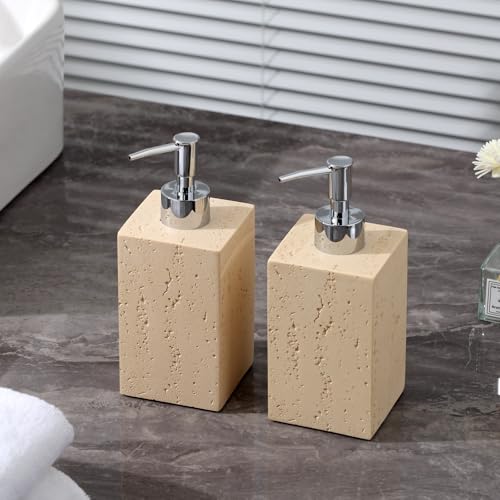 Soap Dispenser14OZ, Travertine Stone Look, 2PCS, Yellow | Luxurious, Modern, Refillable, For Hand Soap, Dish Soap, Lotion, with Rustproof Pump for Bathroom Countertop Kitchen Sink - color: Yellow