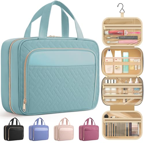 HOTOR Hanging Travel Toiletry Bag Women Men, Light Blue, Medium | Waterproof Makeup Bag Hanging Hook,Multiple Pockets,Travel Essentials,11.2 x 3.2 x 8.9inches - color: Light Blue, size: Medium