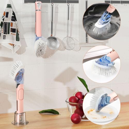 Soap Dispensing Replacement Dish Brush with 2 PCS Brush Refills & Holder | RIMAY Dispenser Scrub Cleaning Scrubber Kitchen Dishwashing Dish Wand Handle for Dishes/Pans/Pots/Sink(Pink) - color: Pink