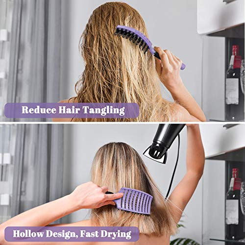 Boar Bristle Hair Brush Set of 2, HIPPIH Wet & Dry Hair Brushes Made by Fine Natural Boar Hair Can Adds Shine and Smoothing, Detangling Hairbrush for Women, Men & Kids' Long Curly Thick Hair - color: Purple & Pink