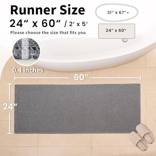 Waffle Runner Bath Mat - Long Boho Bathroom Rugs Non Slip Washable, Super Absorbent & Quick Dry, Soft Bath Mat Farmhouse Bathroom Decor, 24'' x 60'', Dark Grey - color: Dark Grey, size: 24'' X 60''