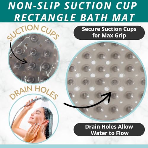 ENKOSI Bathtub Mat – 40 x 16 Inch Extra Long Non Slip Shower Mat – Anti Slip Grey Bath Mat with Suction Cups and Drain Holes – Bathroom Mat for Smooth Tubs and Shower Floors (40x16 Clear Grey) - color: Clear Gray