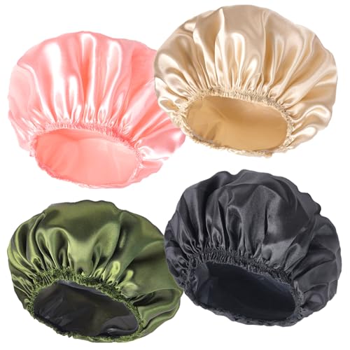 Shower Caps for Women, 4 PCS Elastic and Reusable Bath Caps, Double Layers Shower Cap Reusable Waterproof, Bathing Shower Caps, Environmental Bath Hair Protection Cap - Solid Color B - color: Solid Color B 4 PCS/Set