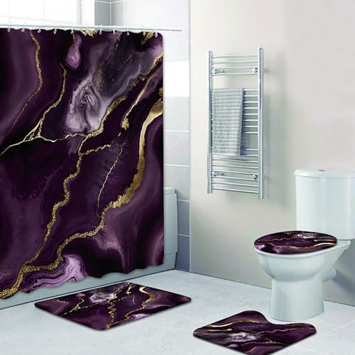 NEWSUYAA Dark Purple Marble Shower Curtain with Bath Rugs Bathroom Sets, 4 Pcs Marble Patterns with Gold Lines Bath Décor Includes Toilet Seat Cover U-Shape Mat Absorbent Carpets, - color: Dark Purple