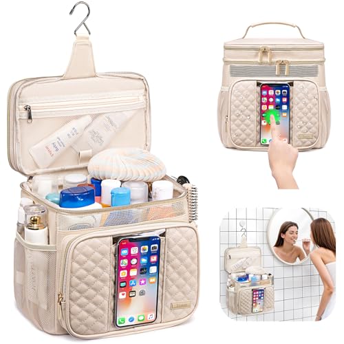 Large Leather Toiletry Bag for Women Men,Bathroom Bag,Water Resistant Shower Bag,Makeup Bag,Portable Shower Caddy for College Dorm,Hanging Travel Toiletry Bag with Transparent Waterproof Phone Pocket - color: Cream White Leather