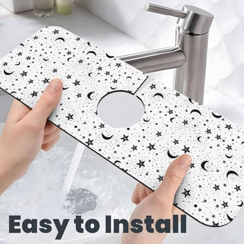 Black Moon White Stars 15" X 5.5" Kitchen Sink Splash Guard Faucet Faucet Guard Draining Mat Sink Splash Guard Faucet Kitchen Bathroom - color: Black Moon White Stars