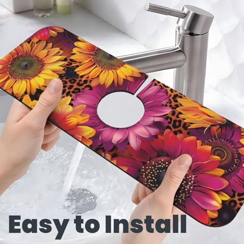 Kitchen Sink Splash Guard Faucet Mat, Sunflowers Leopard Diatom Mud Absorbent Draining Mat For Kitchen Sink Bathroom - color: Sunflowers Leopard, size: One Size