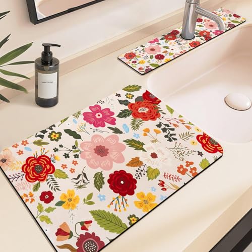 24.5" x 15.5" Dish Drying Mat & 24" x 5.5" Sink Splash Guard, Super Absorbent Drainer Rack Mat for Kitchen Counter Coffee Bar - color: Pink, size: 23.5"*15.5*+24"*5.5"