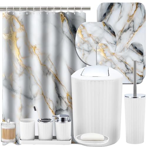 Lnond Marble Bathroom Set, 24 Piece White Gold Bathroom Decor Set with with Shower Curtain and Rugs, Trash Can, Toilet Brush Holder Set & Soap Dispenser