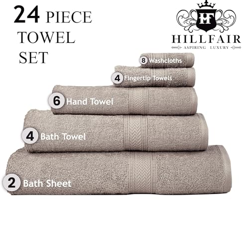 HILLFAIR 24 Piece Bath Towels Set for Bathroom- 100% Cotton 24 PC Bulk Pack Hotel Spa Towel Set- 2 XXL Oversized Big Towels, 4 Bath Towels, 6 Hand Towels, 4 Fingertip Towels, 8 Washcloths: Taupe - color: Stone, size: 24 PC Bath Towel Family Set