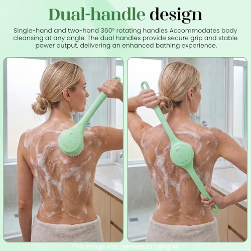 Electric Body Brush Back Scrubber for Shower，5 Replaceable Heads and Hook,Waterproof Long Dual Handle Power Body Scrubber 2 Speeds, for Cleansing Body, Exfoliating and Massaging Skin. - color: Green