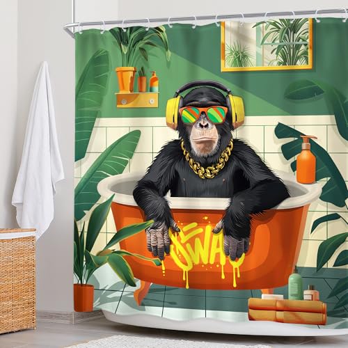 Newsely Funny Monkey Shower Curtain 72Wx72H Inch Tropical Palm Leaves Animal Bathing in Bathtub Modern Cool Shower Curtain Bathroom Set for Boys Men Waterproof Bath Decoration Accessories Home Decor - color: L-monkey, size: 72"W x 72"L (Pack of 1)