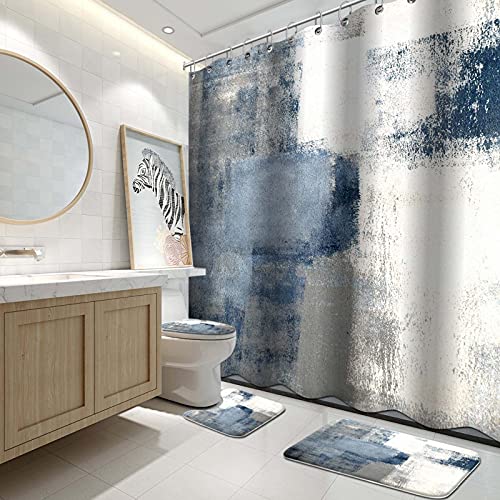 Lnond 4Pcs Grey Bathroom Shower Curtain Sets with Rugs, Blue and Grey Abstract Painting Gray Retro Bathroom Sets with Shower Curtain and Rugs and Accessories - color: Blue-01