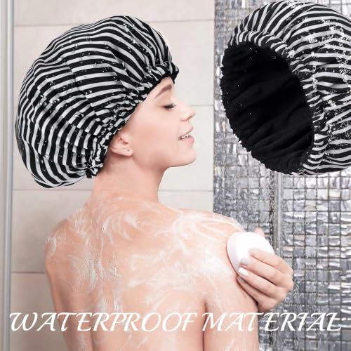 Shower Cap for Women Terry Lined Bath Cap Large Reusable Waterproof Elastic Black Stripes Shower Caps for Long Thick Hair Soft Bath Shower Hair Caps - color: Black Stripe