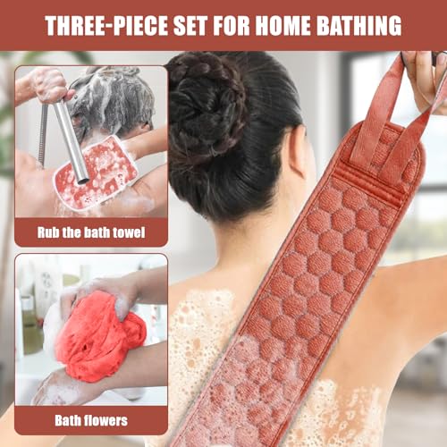Back Scrubber Set, 3Pcs Bath Gloves and Shower Loofah Sponge for Body Scrub and Daily Shower Cleaning(Red) - color: Red