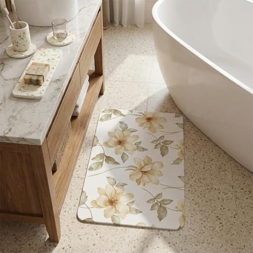 4 Pcs Diatomaceous Earth Stone Bath Mat Set, Non-Slip Super Absorbent Shower Mat (24"x16") with Stone Soap Dish & 2 Coasters, for Bathroom Floor, Vanity Counter & Kitchen Counter, Beige