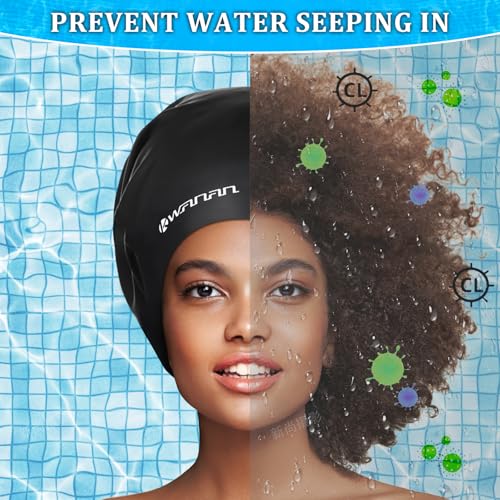 Extra Large Silicone Swim Cap for Long Hair and Protective Styles–Waterproof Swimming Cap for Men and Women with Dreadlocks, Weaves, Extensions, Braids, Curls, and Afros–Keep Hair Dry - color: Black