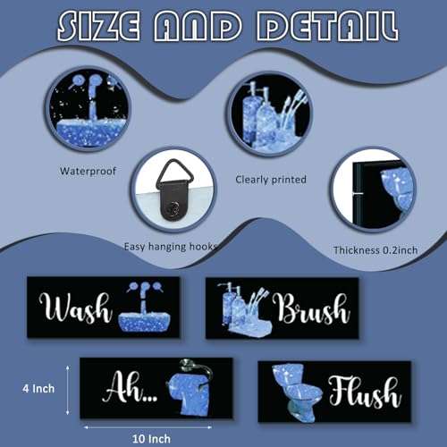4 Pcs Blue Bathroom Decor Funny Blue And Black Wall Art Wooden Bathroom Accessories Modern Glitter for Home Toilet Decoration 10x4 Inches - color: Blue, size: 10 X 4 Inch