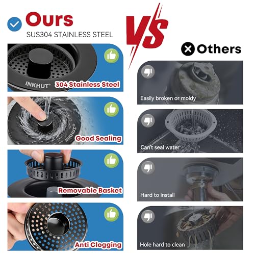 Upgraded 3 in 1 Kitchen Sink Drain Strainer - Stainless Steel Sink Stopper, Anti-Clogging Food Catcher Basket, Sink Bounce Core Drain Strainer Plug for US Standard 3 1/2 inch Drain (Black) - color: Black