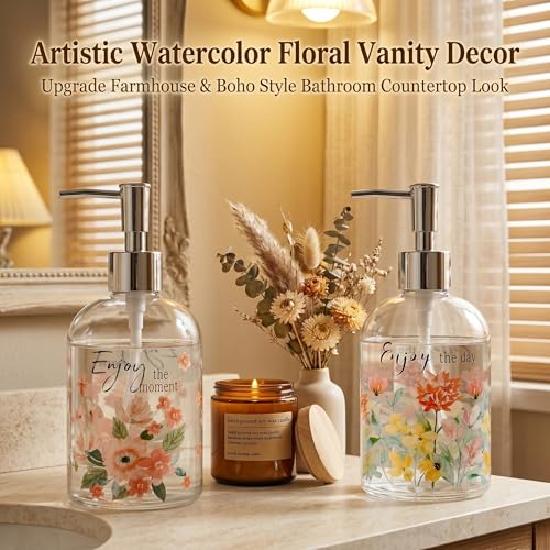 Topadorn Glass Soap Dispenser Set of 2, 17oz Refillable Hand & Dish Soap Dispensers with Pump, Decorative Floral Soap Bottles for Kitchen & Bathroom Counter - color: Pink Soft Pink