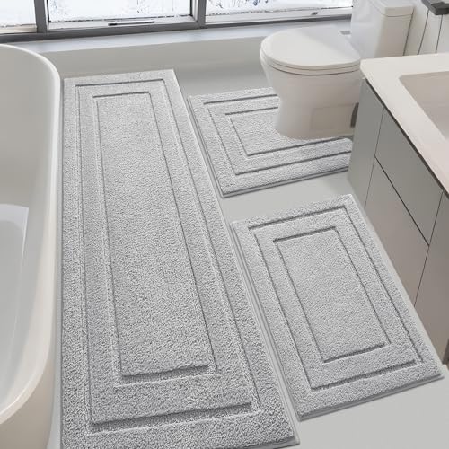 IM HOME Bathroom Rugs Sets 3 Piece, Ultra Soft Plush Fluffy Microfiber Absorbent Bath Mat, Non-Slip Backing, Machine Washable Bath Mats for Bathroom Floor, Tub, Toilet and Shower, Grey/Bordered - color: B-grey, size: 24"x17"+48"x20"+U Shape 24"x20"
