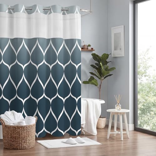 Yiatn No Hook Ombre Aegean Blue Shower Curtain with Snap in Fabric Liner Set - Hotel Style with See Through Mesh Top Window, 71x74 INCH - color: Ombre Aegean Blue, size: 71"W x 74"L (Pack of 1)