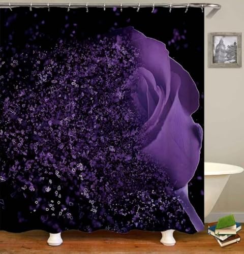 Yddsky 4 Pcs Purple Rose Shower Curtain Sets with Rugs Black Bathroom Sets with Shower Curtain and Rugs Modern Bathroom Curtains Shower Set with Toilet Lid Cover for Women Bathroom Decor Accessories - color: Rose Decoration 05