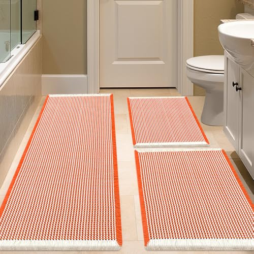 IM HOME Waffle Bath Mat Set 3 Piece Orange & Cream,Woven Modern Bath Rug Mats, Absorbent Non Slip Bath Floor Mat, Soft Washable Boho Bath Rugs with Tassels for Bathroom, Bedroom, Kitchen, Tub - color: Orange & Cream, size: 48′′×24′′+ 36′′×24′′+24′′×17′′