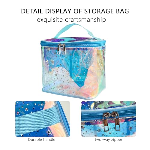 Holographic Star Print Pink Makeup Bag - Portable & Waterproof Barrel-Shaped Toiletry Bag, 8.27x6.7x6.3in Cosmetic Case for Women & Men (Blue Star) - color: Holographic Blue