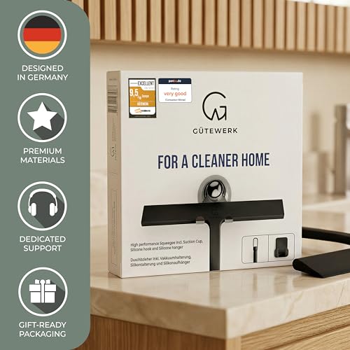 GÜTEWERK Silicone Shower Squeegee for Glass Doors & Mirrors with Stainless Steel Core, Streak-Free & No-Squeak Window Cleaning, 3-in-1 No-Drill Mount (Hook/Suction/Adhesive),Black, 11 Inches - color: Black, size: 11 Inches