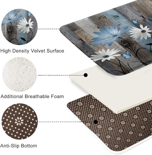 ArtSocket Blue Daisy Flowers Butterfly Bathroom Set with Shower Curtain and Bath Rugs and Accessories,Wooden Boards Non-Slip Shower Curtain Set,Bathroom Decor 3 Pcs - color: Blue Daisy Flowers