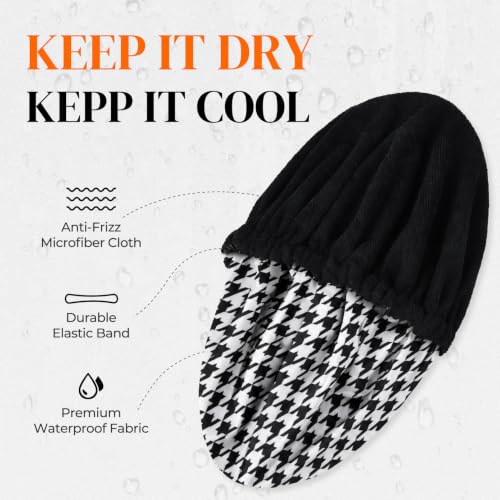 Shower Cap for Men Black Bath Cap, Reversible Terry Lined Large Waterproof Adjustable Shower Caps Elastic Band Stretch Hem Hair Hat for braids - color: Black Houndstooth