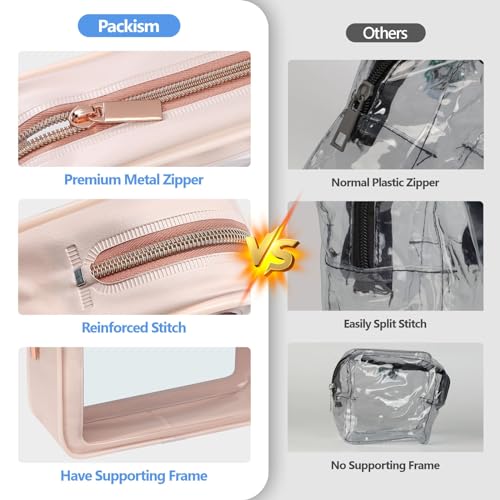 PACKISM Clear Makeup Bag Foldable - TSA Approved Toiletry Bag for Travel | Metal Zipper, Reinforced Seam, Water Resistant, Medium for Carry-on, Large for Checked Luggage, for Car Storage Organizer - color: 2 Pack Pink, size: Hybrid Traveler (1 Large & 1 M