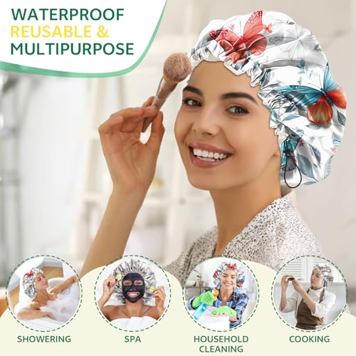 2 PCS Shower Cap Waterproof Double Layer Elastic Adjustable Reusable Hair Bath Caps for Girls Women Cute Aesthetic-White - color: G5-White